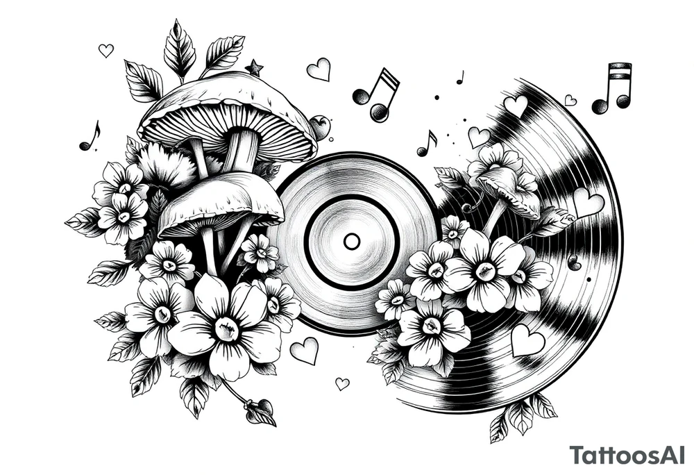 vinyl record with mushrooms, flowers, hearts, and music notes tattoo idea