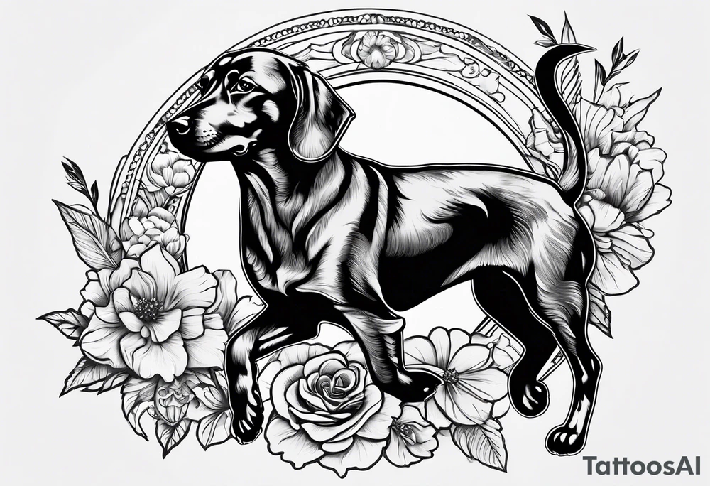 2 miniature dashound running outline and a long haired dashound outline running with Bones and bows and balls and flowers around tattoo idea
