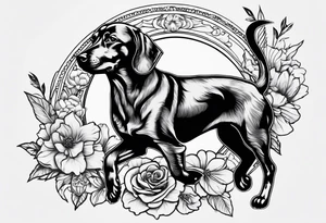 2 miniature dashound running outline and a long haired dashound outline running with Bones and bows and balls and flowers around tattoo idea