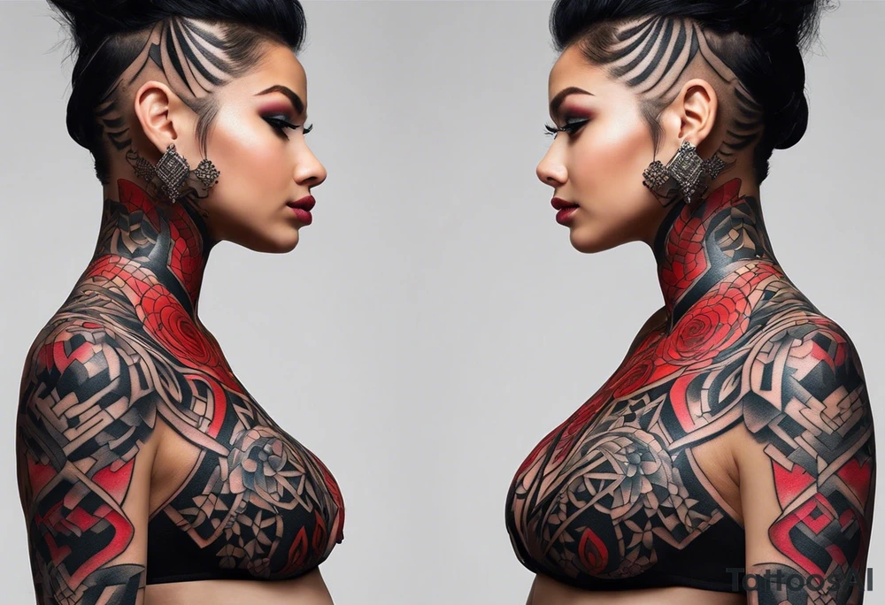 Visualize an (((extremely detailed and advanced tattoo design))), where the name 'LA' stands out in a (((distinctively shaped neck))), adorned with intricate ((colored red and black) lining that creates a (((subtle yet striking visual contrast))) against the (softly glowing, matte skin) tattoo idea