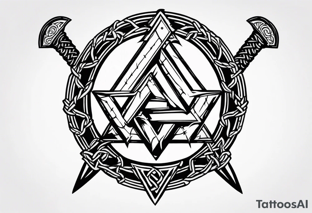 Valhalla sword shield axe barbed wire chains valknut tattoo idea