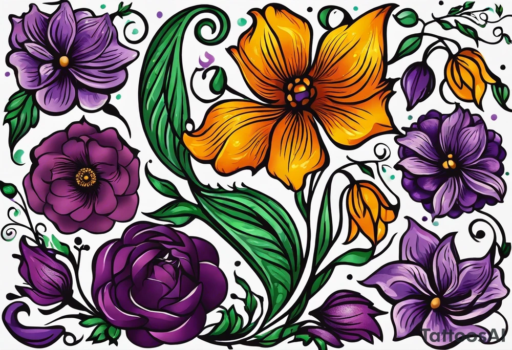 I'm looking for a tattoo design that beautifully reflects the essence of both my grandma. My grandma, a vibrant soul, adores the color purple and finds solace in her weekly visits to church and the bustling farmers' market. She would always help those people in the farmers market by buying their produce. tattoo idea