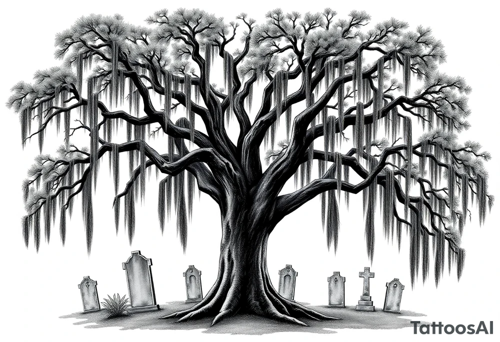 Laurel oak with Spanish moss in a cemetery tattoo idea