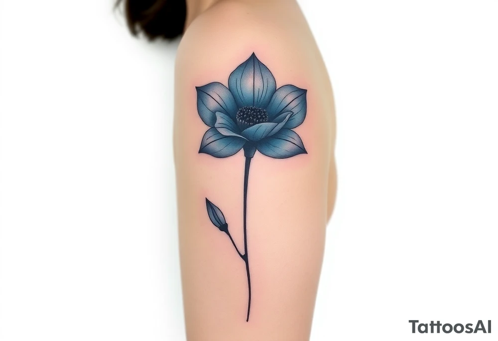 A minimalist flower tattoo that represents a shattered and betrayed gemini woman who fought hard throughout this year. With colors blue and black. Make it unique and rare. Without leaves and stem. tattoo idea