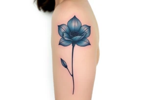 A minimalist flower tattoo that represents a shattered and betrayed gemini woman who fought hard throughout this year. With colors blue and black. Make it unique and rare. Without leaves and stem. tattoo idea
