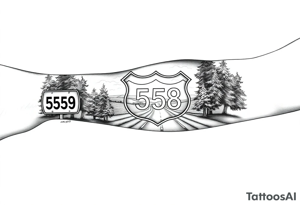 Arm sleeve small State Route sign 558 at wrist, with trees all around and farm in background, road w/ view tattoo idea
