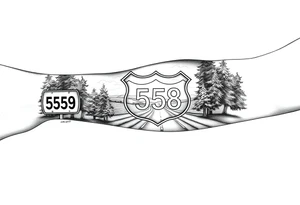 Arm sleeve small State Route sign 558 at wrist, with trees all around and farm in background, road w/ view tattoo idea