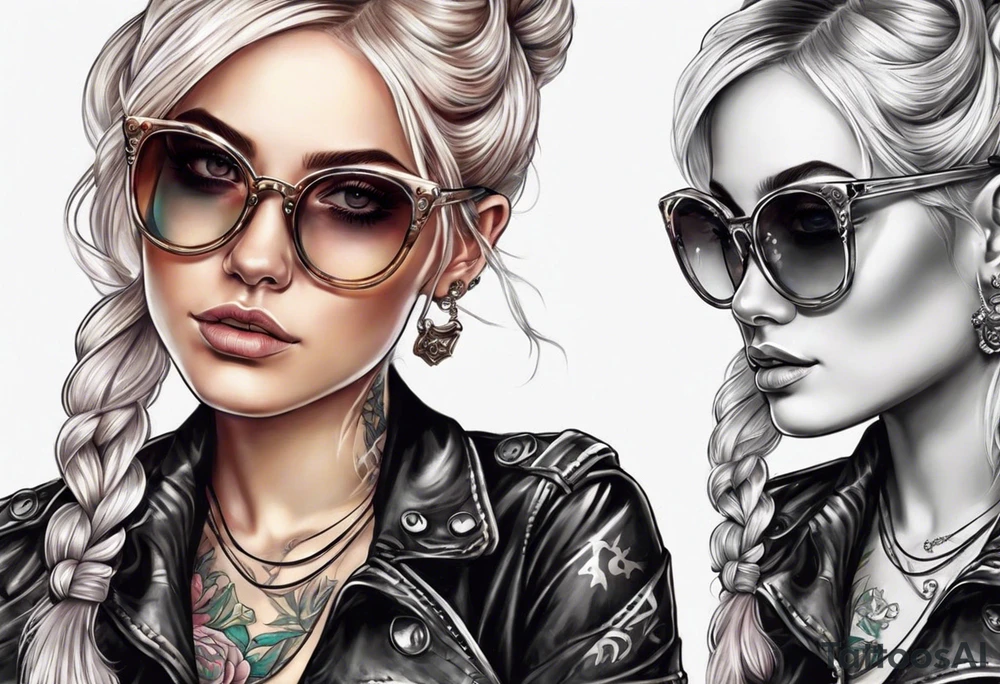 create a feminine skull with two blonde pigtails and crossbones under wearing glasses tattoo idea