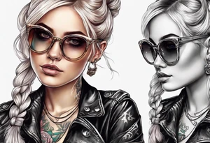 create a feminine skull with two blonde pigtails and crossbones under wearing glasses tattoo idea