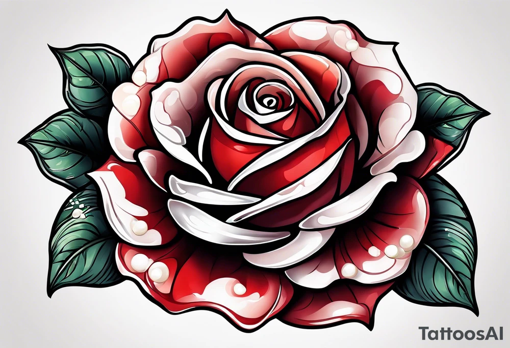 Red rose with a pearl necklace tattoo idea