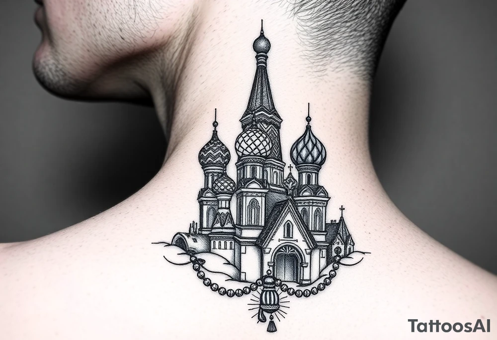St. Basil's Cathedral scene with a christian orthodox in a ak47 style with a beaded orthodox thurible chain tattoo idea