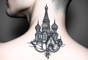 St. Basil's Cathedral scene with a christian orthodox in a ak47 style with a beaded orthodox thurible chain tattoo idea