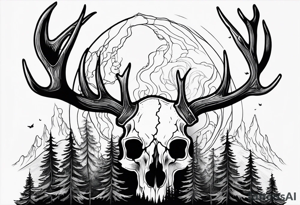 scary side view of a DECAYING deer skull JUST BONE surrounded by a forest fire in background tattoo idea