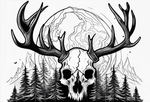 scary side view of a DECAYING deer skull JUST BONE surrounded by a forest fire in background tattoo idea