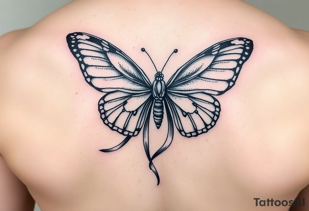 ethereal butterfly with flowing silk ribbons in moonlight tattoo idea