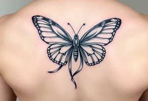 ethereal butterfly with flowing silk ribbons in moonlight tattoo idea