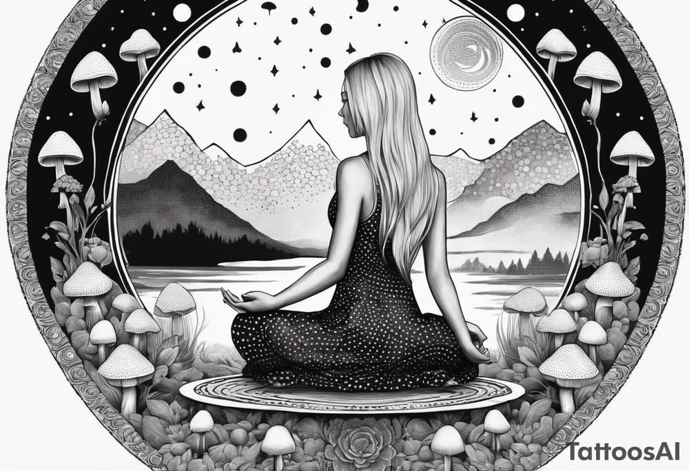 Straight blonde hair girl meditating facing away toward mountains surrounded by mushrooms crescent moon mandala circular design black and white striped dress tattoo idea