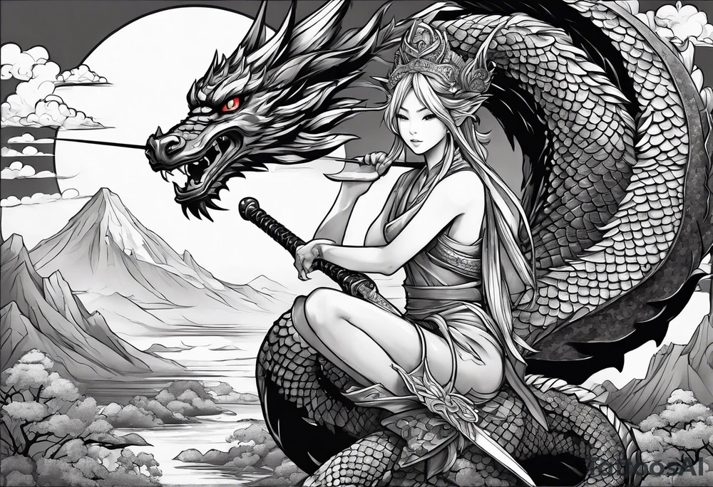 warrior beautiful fairy nymph with a full body with a sword and a full dragon with a mountain with clouds and a Japanese building background tattoo idea