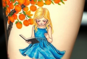 A blond little girl wearing a blue dress sitting under a orange tree while reading a book.


. tattoo idea