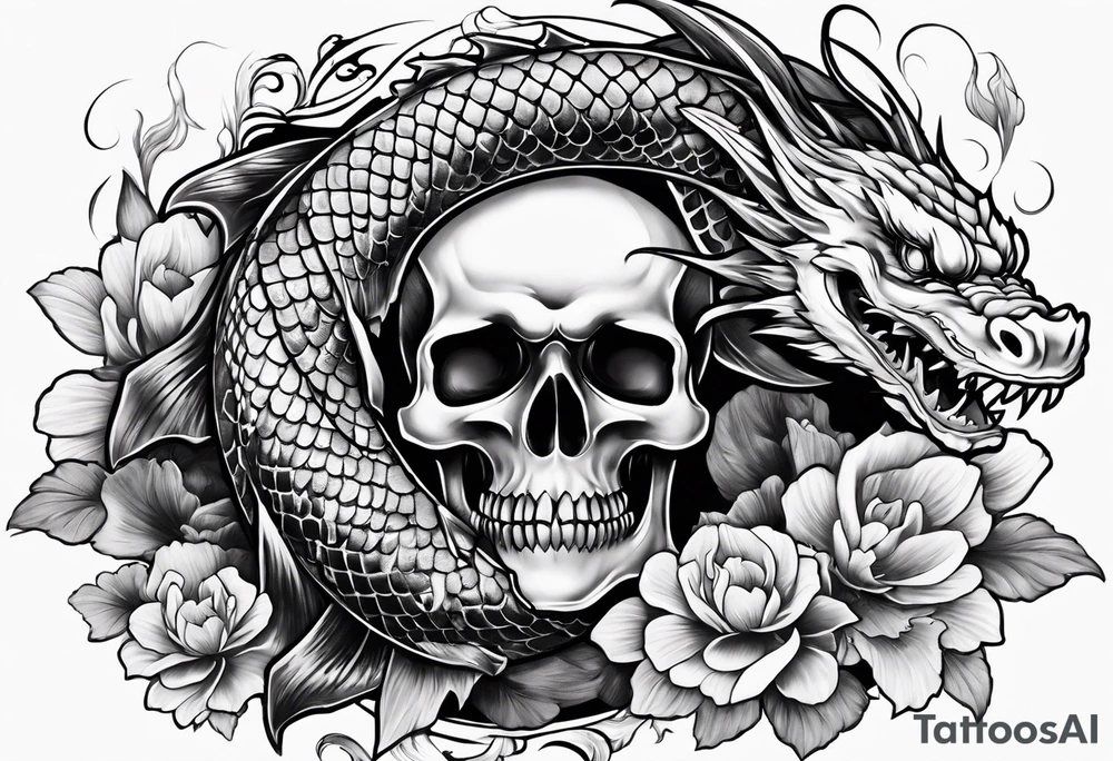Dark skull and dragon  koi fish tattoo idea