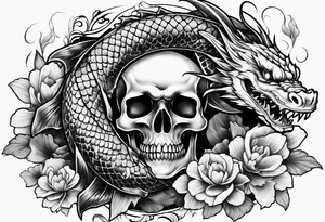 Dark skull and dragon  koi fish tattoo idea