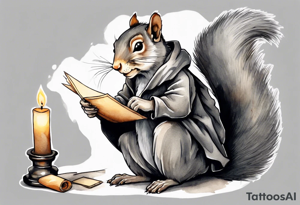an elderly grey squirrel with a beard dressed in a grey cloak sitting in the dark holding a feather quill writing a letter by candlelight tattoo idea