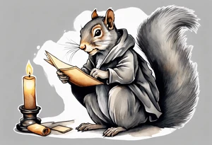 an elderly grey squirrel with a beard dressed in a grey cloak sitting in the dark holding a feather quill writing a letter by candlelight tattoo idea