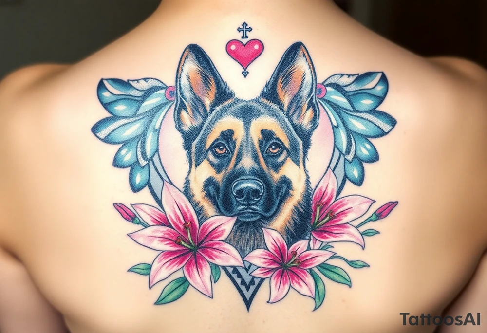 realistic german shepherd dog with pink lily flowers in front of sacred heart tattoo idea