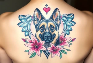 realistic german shepherd dog with pink lily flowers in front of sacred heart tattoo idea