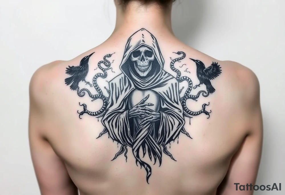 Grim reaper on the middle (big) crows and snakes ans smoke around that tattoo idea