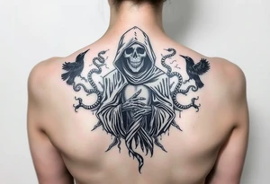 Grim reaper on the middle (big) crows and snakes ans smoke around that tattoo idea