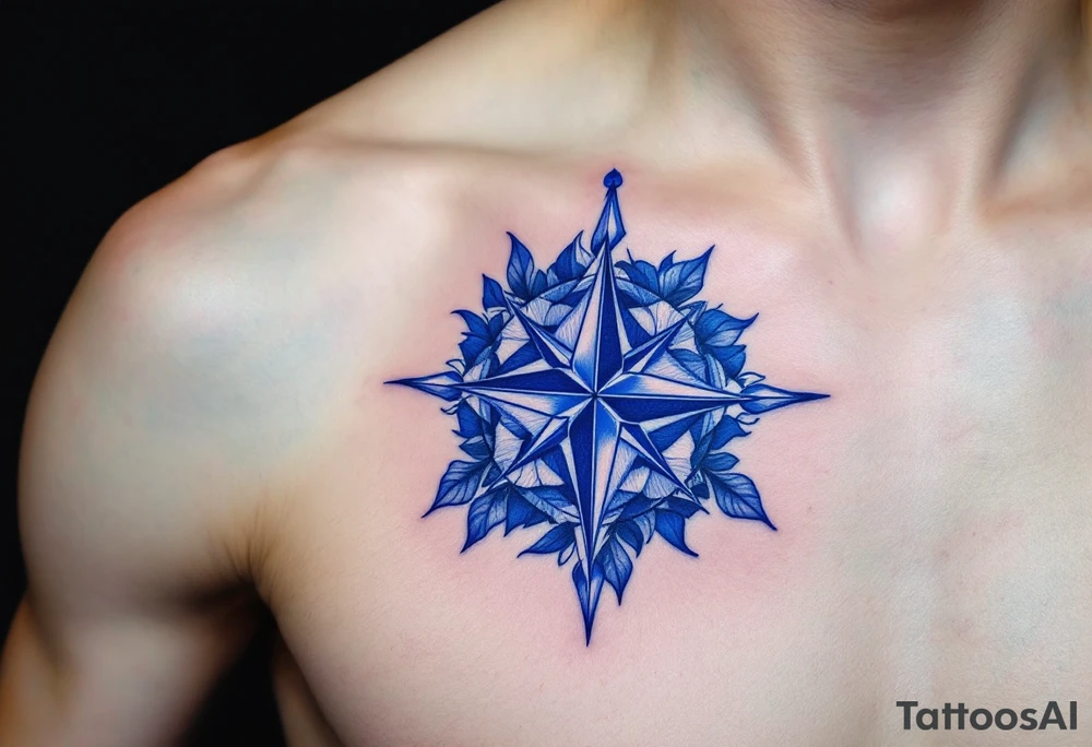 Matching royal blue compass roses, the first tattoo large on the chest and the second smaller on the shoulder blade. tattoo idea