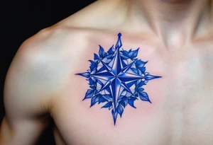 Matching royal blue compass roses, the first tattoo large on the chest and the second smaller on the shoulder blade. tattoo idea