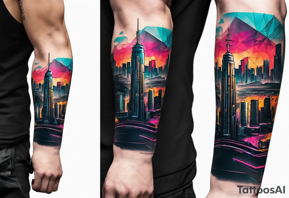 cyberpunk 2077, forearm tattoo, geometric, subtle, men, city skyline tattoo idea