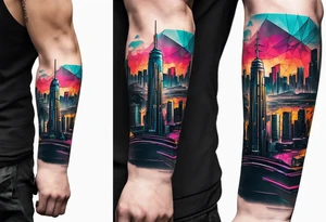 cyberpunk 2077, forearm tattoo, geometric, subtle, men, city skyline tattoo idea