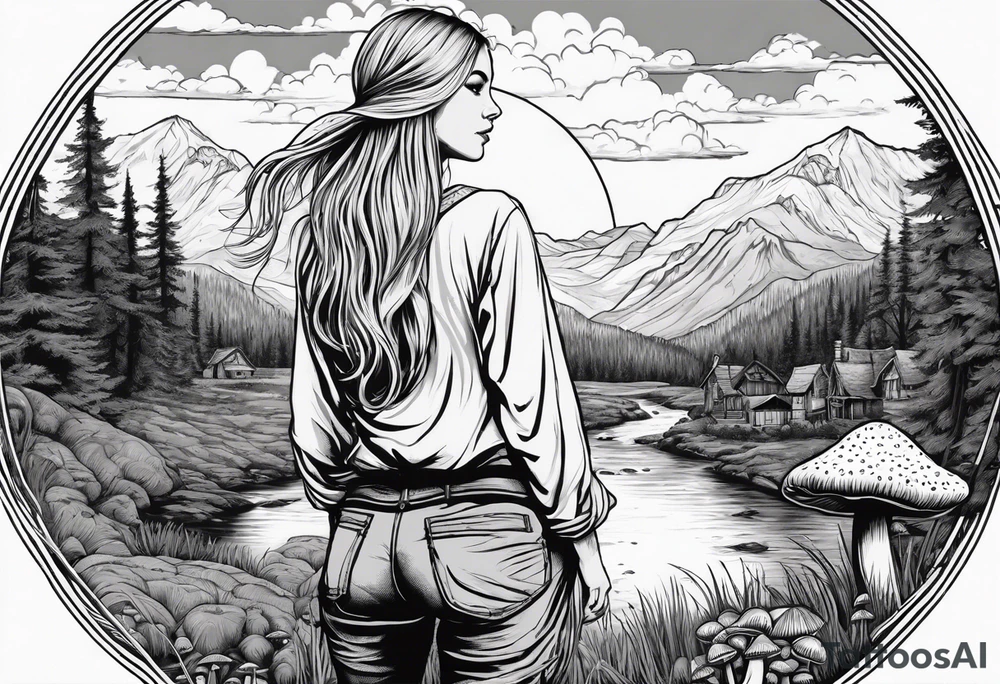 Whole picture encircled fully

Straight long blonde hair hippie girl in distance holding mushrooms in hand facing away toward mountains and creek surrounded by mushrooms long sleeve shirt and hiking pants; whole rendering within a full circle, no cut off circle tattoo idea