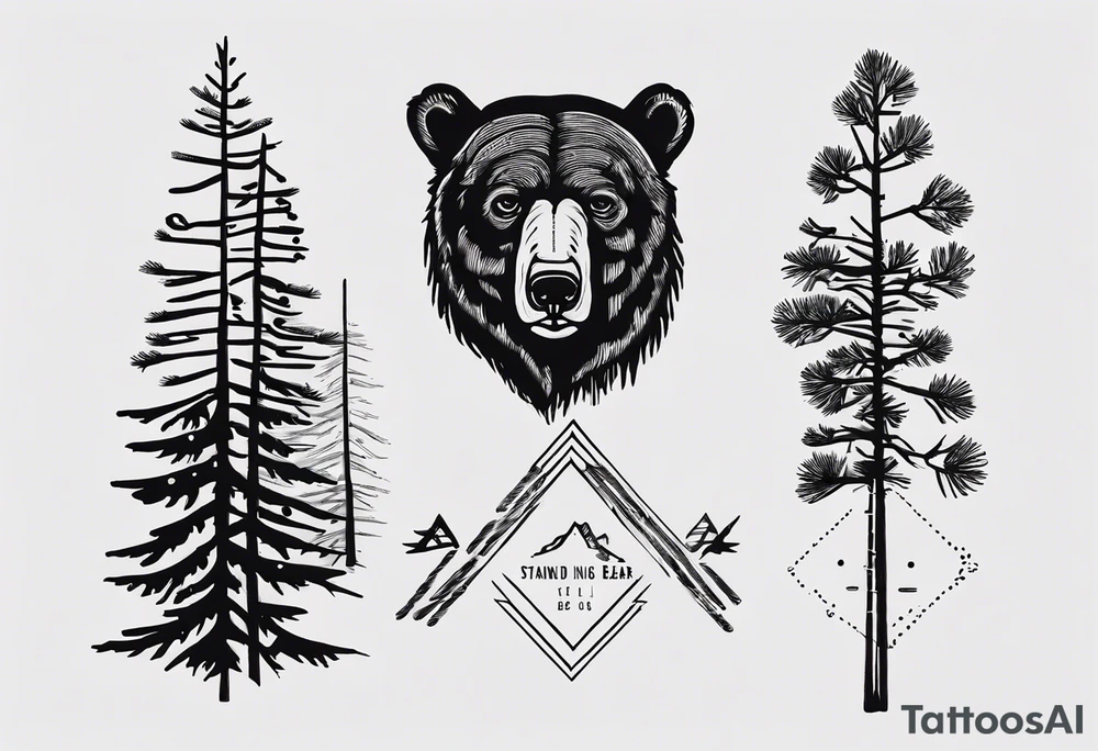 Standing bear fine line with armband. Pine trees with script. Add a eye with dot work lines coming out from the eye. tattoo idea Standing bear fine line with armband. Pine trees with script. Add a eye with dot work lines coming out from the eye. tattoo idea