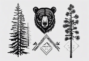 Standing bear fine line with armband.  Pine trees with script.  Add a eye with dot work lines coming out from the eye. tattoo idea