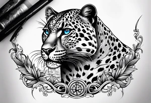 you leopard with blue eyes walking in a nautical setting tattoo idea