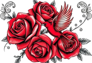 Vintage lace, red roses close together, bright red bird flying freely tattoo idea