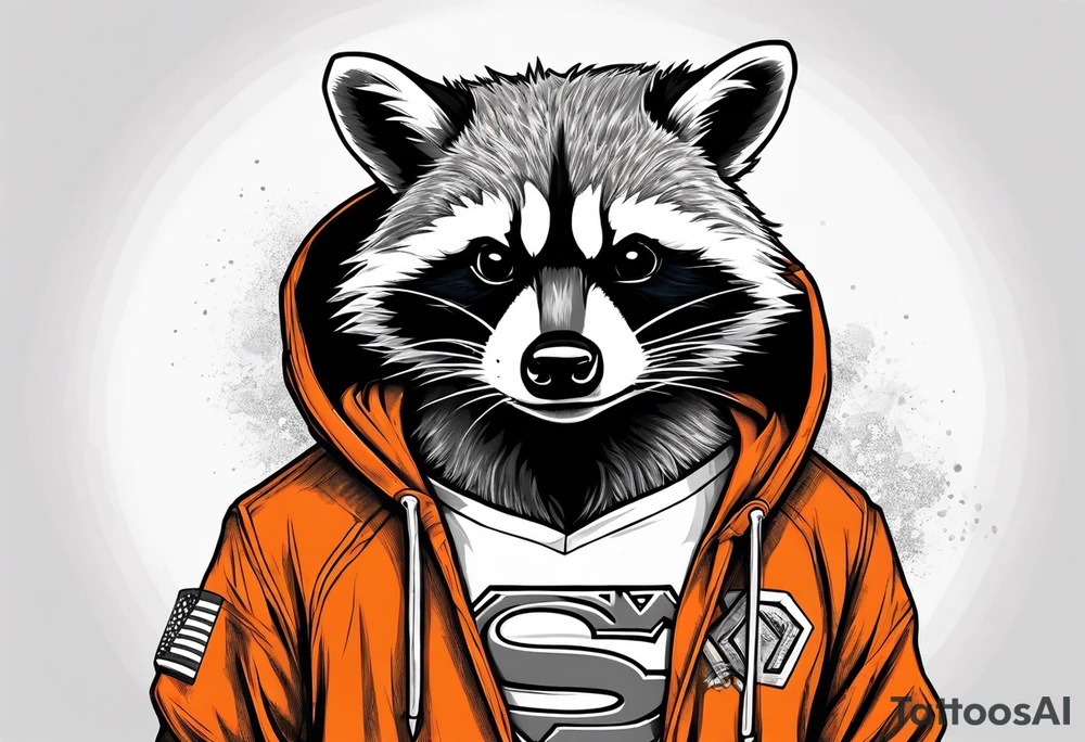 Raccoon wearing an orange Superman hoodie tattoo idea