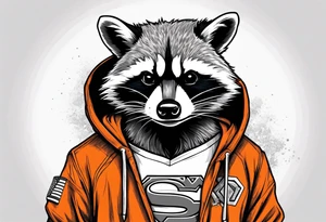 Raccoon wearing an orange Superman hoodie tattoo idea