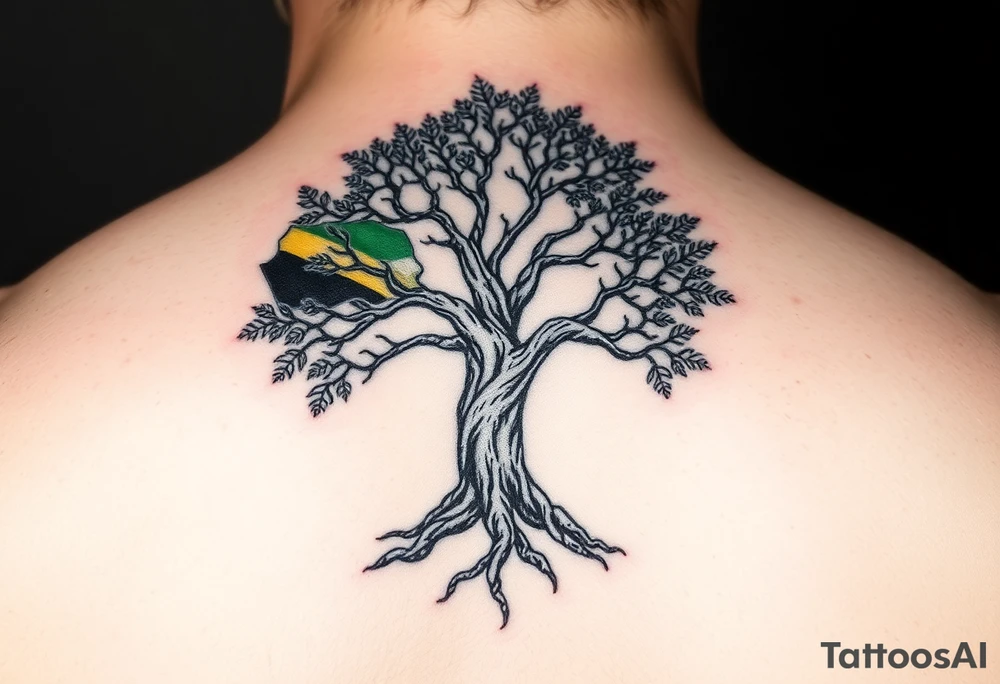 Tree of life with Jamaican and Irish flag colours combined on the leaves tattoo idea