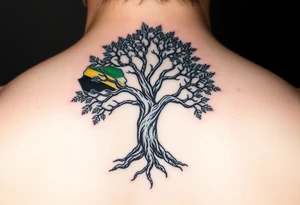 Tree of life with Jamaican and Irish flag colours combined on the leaves tattoo idea