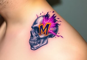 A distorted, disintegrating skull with a distorted "M" on it, surrounded by electric sparks in a mix of neon purple and yellow to create an eerie glow tattoo idea