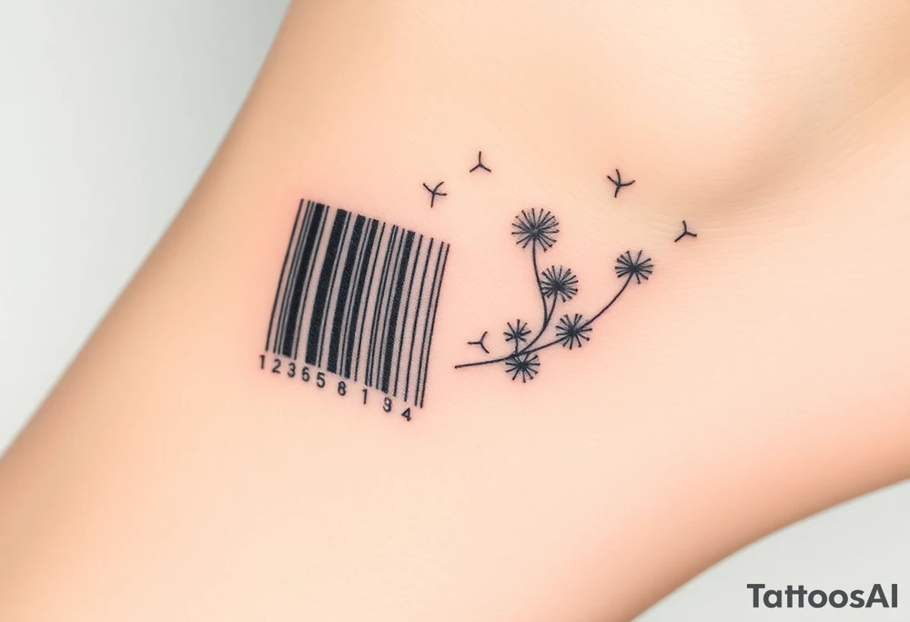 A barcode where the lines break apart into floating dandelion seeds, symbolizing dreams and wishes coming true tattoo idea