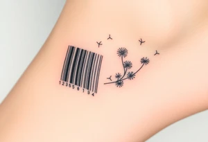 A barcode where the lines break apart into floating dandelion seeds, symbolizing dreams and wishes coming true tattoo idea