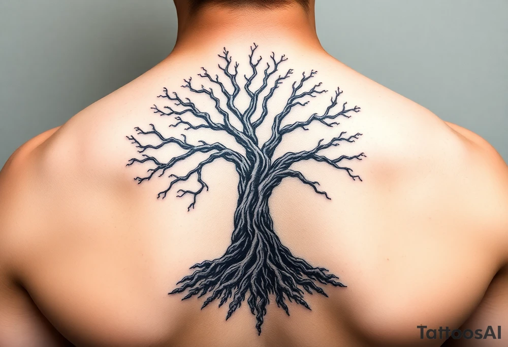 mystical tree of life with cosmic roots and celestial branches tattoo idea