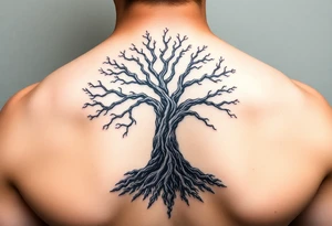 mystical tree of life with cosmic roots and celestial branches tattoo idea