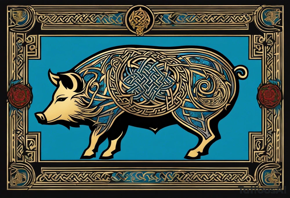Side profile, Celtic, tribal, wild boar, On a Chatwin family crest with blue background, two gold stars, and a gold Chevron, and a Thistle. With bold black tribal lines. ancient Celtic, tribal boar tattoo idea